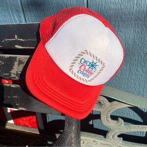 Vintage snapback hat, On Cruise Control, red and white baseball hat, tourist hat